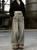 Jeans retro cinza claro estilo americano com barra curva para mulheres, estilo high street primavera/outono 2026, calça pantalona de cintura baixa