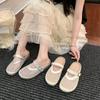 Chinelos Meia-Calça com Biqueira Reta para Uso Externo de Verão Feminino 2025 Novo Estilo Slip-On com Malha de Saia Flats Sandálias Pescador