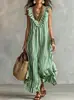 Vestido largo sin mangas de estilo bohemio a rayas con volantes y cuello en V, estilo vacacional, corte holgado, maxi vestido