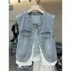 Chaleco exterior 2026 nuevo chaleco de mezclilla con cuello redondo y ribete de encaje, chaqueta superior sin mangas de fábrica