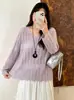 Top retro hueco de punto para mujer talla grande con cuello en V, colección de otoño 2026, suéter de punto holgado con ribete de encaje