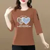 Camiseta de manga tres cuartos holgada talla grande para mujer de comercio exterior transfronterizo, top para madres y mujeres de mediana edad