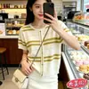 Top de punto de seda helada de manga corta, nuevo estilo de verano, diseño calado, cuello redondo corto, camiseta fina para personas menudas, cárdigan