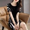 Design de verão europeu elegante elegante slim fit simples todos os jogos costura contraste cor emagrecimento vestido de manga curta roupas femininas