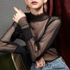 Otoño Nuevo Camisa Base de Malla Doble Cuello para Mujer Cuello Vertical Manga Burbuja Transparente Camisa Interior Manga Larga Camisa Pequeña
