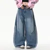 Jeans retro americanos lavados, deconstruidos, con dobladillo curvo para mujer, con patchwork de tres rayas, pierna ancha, corte holgado, pantalones hasta el suelo