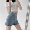Shorts de mezclilla delgados para mujer ins verano abotonados que contraen el abdomen cintura ultra alta elásticos línea A rectos ajustados pierna ancha pantalones cortos