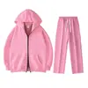 Conjunto de sudadera unisex negra con capucha y cierre, que incluye una sudadera holgada abierta por delante y pantalones de chándal de pierna recta con cordones, un conjunto de dos piezas