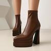 Botas de Cuero de Comercio Exterior Europeo y Americano con Plataforma Impermeable, Punta Fina, Tacón Alto Grueso, Botines para Mujer, Botas Marrones y Blanco Crudo con Cremallera, Tallas Grandes
