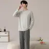Pijama Masculino de Algodão Puro com Gola Redonda Primavera Outono Inverno Novo Alta Qualidade Manga Longa Calça Longa Tamanho Plus Casual Roupa de Casa Conjunto para Usar por Cima