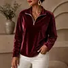 Nueva sudadera de terciopelo dorado con media cremallera y cuello alto para otoño e invierno, top casual holgado de manga larga para mujer, camisa de terciopelo de color liso