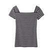 Camiseta de Rayas para Mujer Estilo Europeo Top Tejido Una Pieza Venta al por Mayor K1058A Cuello Cuadrado Manga Corta