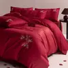 Juego de cuatro piezas de jacquard de algodón de alta gama para boda, sábana bajera, funda de edredón y ropa de cama de algodón puro rojo brillante para boda