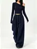 Pantalones anchos de cordón azul marino para mujer, nueva colección otoño/invierno 2026, de cintura alta, corte holgado, adelgazantes, de pierna recta, casual
