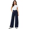 Pantalones Largos Casuales Sueltos de Pierna Ancha de Punto de Cintura Alta con Hebilla Diagonal Irregular Estilo Europeo y Americano Elásticos en Cuatro Direcciones Denim Suave para Mujer