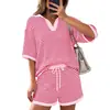 Novedad Primavera/Verano 2026 Amazon Transfronterizo Tk Ropa de Mujer Europea y Americana Casual Suéter Rayado de Manga Corta Conjunto Casual