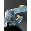 Jeans Cleanfit azul claro con estampado de relámpagos, estilo callejero americano para hombre, lavados, ligeramente acampanados, pantalones de pierna curva