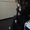 Vestido Interior de Cinta Plisada Diseñado para Mujer en Primavera y Otoño Ceñidor de Cintura Cuello en V Aspecto Adelgazante Falda Larga de Línea A