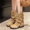 Botas de Pierna de Pantalón Redondas Retro Versátiles con Sentido del Diseño para Mujer 2026 Nuevo Estilo Otoño Elegante Estilo Coreano Adelgazantes Nicho Botas de Media Pantorrilla