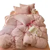 Estilo Coreano Femenino Rosa Cereza Encaje con Cordones Lazo Algodón Puro Juego de Cuatro Piezas Temporada de Regreso a Clases Juego de Tres Piezas para Sábana de Cama de Dormitorio y Funda de Edredón