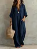 Vestido Túnica de Algodón y Lino Holgado con Cuello en V Transfronterizo Europeo y Americano, Vestido de Lino Bohemio para Vacaciones con Mangas Tres Cuartos que Favorece la Figura