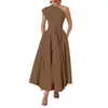 Moyashang Amazon Verano Más Vendido Moda Europea y Americana para Mujer Vestido sin Mangas Cuello Diagonal Color Sólido Cintura Ajustada con Falda Acampanada