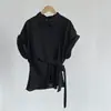 Camisa de Manga Corta con Lunares y Cuello Polo Estilo Coreano Taoguan para Mujer 26 Verano Holgada con Lazo Lateral Fruncido en la Cintura M8723