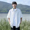 Nasa sobre Camisa de Manga Corta de Seda Negra para Hombre, Verano Delgada Holgada de Media Manga Casual Chaqueta Camisa de Trabajo