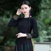 Ropa para Mujer Estilo Étnico Nuevo Otoño e Invierno Bordado Chino Versátil Ajustada Camiseta Básica Cuello Redondo talla extra Camiseta de Manga Larga Ajustada