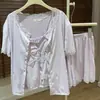 Pijama de Tres Piezas de Algodón Tencel con Almohadillas en el Pecho, Tirantes Femeninos de Verano, Conjunto de Shorts y Camiseta de Manga Corta, Ropa de Casa Estilo Puro Lust