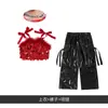 Conjunto de Jazz para Niñas, Top Rojo Brillante de Lentejuelas Hip-Hop para Niña con Pantalones de Cuero Negros, Disfraz de Baile Callejero para Niños