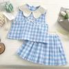 Vestido Azul Xadrez com Gola Peter Pan para Meninas Verão 2025 Novo Estilo Laço Estilo Princesa Sem Mangas Vestido Colete Tendência