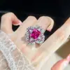 Pendientes Cortos Rectangulares de Corindón Rojo Fluorescente que Cambian de Color Completamente Diamantados, Anillo Abierto, Lujosos y Elegantes para Mujer