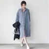 Cardigan Coreano Azul de Manga Longa de Algodão de Botão Único para o Verão 2023 com Listras Folha de Lótus Camisa de Temperamento para o Trabalho