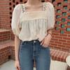 Estilo coreano chique verão protetor solar fino gola quadrada manga bufante fada laço costura design redução de idade camisa top verão feminino