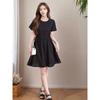 Vestido Preto de Manga Curta Verão Feminino Estilo Zhenwei Estilo Coreano Amarração na Cintura Emagrecedor Saia Midi Elegante