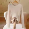 Suéter de malha canelada bege com gola redonda para mulheres, nova blusa base slim fit para outono e inverno, top feminino