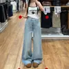 Calça Jeans Azul Claro de Botão Duplo Wide Leg Feminina Outono Tamanho Plus Size Calça Reta Solta Cintura Alta Caimento Valoriza Perna Skinny Comprimento Total