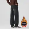 Jeans Masculino para Outono e Inverno de 2025, Corte Reto Solto, Forrado com Lã, Espessado, Estilo High Street Retro Básico Simples Versátil Original