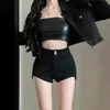 Shorts jeans versáteis plus size em marrom e preto para mulheres, verão elástico cintura alta modelador perna reta justos hot pants
