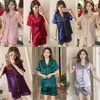 Pijama Feminino Cardigan de Seda Gelada Manga Curta Shorts Roupa de Casa de Verão para Mulheres Conjunto M-5XL, Peça Única Cabelo