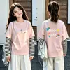 Camiseta de manga larga de algodón puro para niñas, top base elegante y moderno para niños, adecuada para primavera y otoño de 2026, con un diseño de imitación de dos piezas