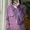 Cardigan con Cremallera de Punto 100% Lana Estilo Coreano Laps Color Sólido Bolsillo Grande para Mujer Corte Delgado Adelgazante para el Trabajo