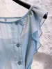 Nuevo Top Azul de Verano 2026 para Mujer con Botones, Volantes y Lazos, Cómodo, Versátil, Casual, Elegante de Manga Corta