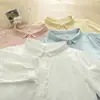 3602 Camisa de Gasa de Algodón Suave de Doble Capa con Parches de Encaje Dulce de Manga Tres Cuartos para Mujer 2026 Nuevo Top Casual de Verano