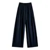0269 Tecido de Fibra de Bambu Cintura Elástica Cordão Calças Femininas de Cintura Alta Wide Leg com Efeito Drapê