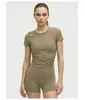 Camiseta Fina de Manga Curta Canelada de Verão para Mulheres, Gola Redonda, Cor Sólida, Caimento Justo, Fitness Corrida, Absorção de Suor, Respirável, Top Curto
