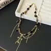 Colar com Pingente de Cruz Totalmente Cravejado com Pedras Olho de Tigre Maillard, Borla de Contas, Corrente para Suéter de Luxo Acessível para Mulheres, Corrente Retro para Clavícula