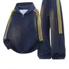 Conjunto de Moletom com Capuz e Cardigan, Outono/Inverno 2026, Calça Esportiva Patchwork Listrada Unissex, Conjunto Casual de Duas Peças