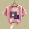Camiseta de Manga Corta de Algodón Puro para Niñas, Nuevo Estilo de Verano para Niñas, Ropa Popular de Verano para Niños, Top Holgado de Manga Media Estilo Coreano de Moda t
